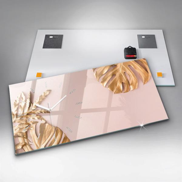 Zegar szklany poziomy Złote liście tropikalne