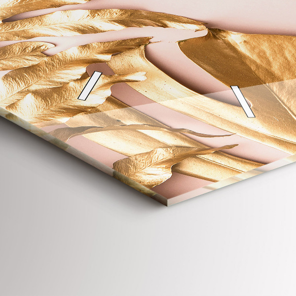 Zegar szklany poziomy Złote liście tropikalne