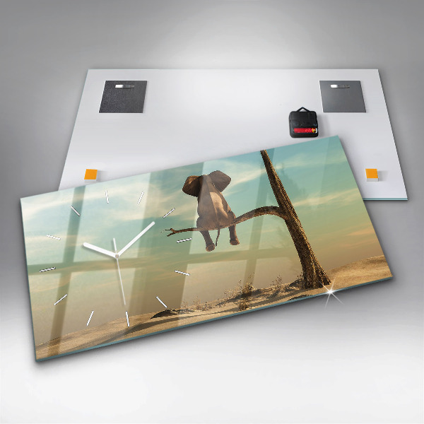 Zegar szklany poziomy Słoń na drzewie