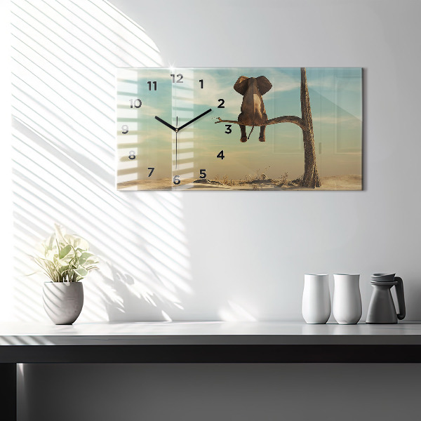 Zegar szklany poziomy Słoń na drzewie
