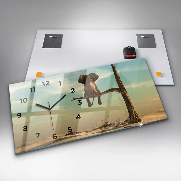 Zegar szklany poziomy Słoń na drzewie