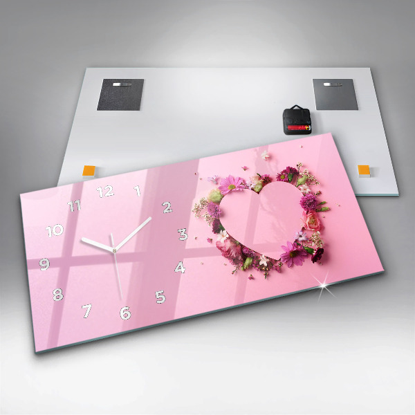Zegar szklany poziomy Serce z kwiatów