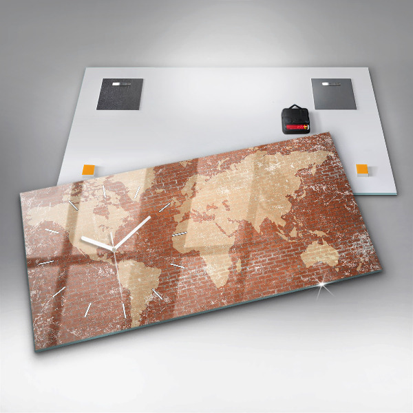 Zegar ścienny poziomy Mapa Świata na cegle