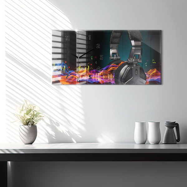 Zegar ścienny poziomy Słuchawki i fale dźwiękowe