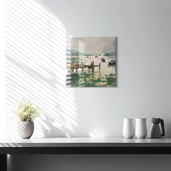 Kwadratowy zegar Łodzie rybackie w porcie