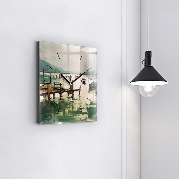 Kwadratowy zegar Łodzie rybackie w porcie