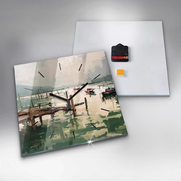 Kwadratowy zegar Łodzie rybackie w porcie