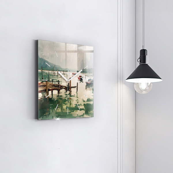 Kwadratowy zegar Łodzie rybackie w porcie