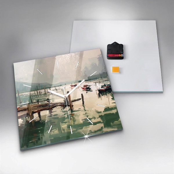 Kwadratowy zegar Łodzie rybackie w porcie