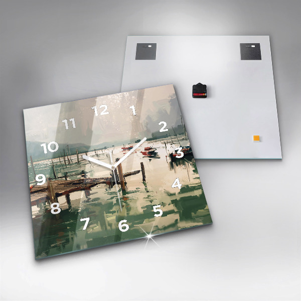 Kwadratowy zegar Łodzie rybackie w porcie