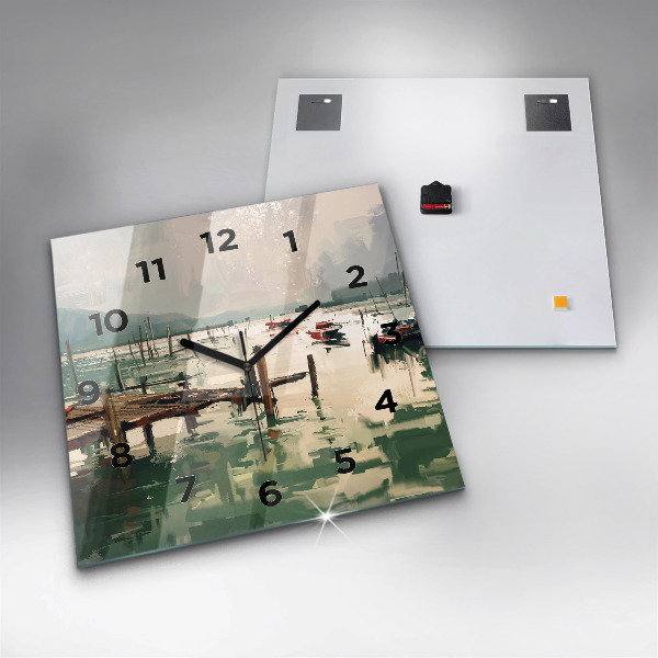 Kwadratowy zegar Łodzie rybackie w porcie