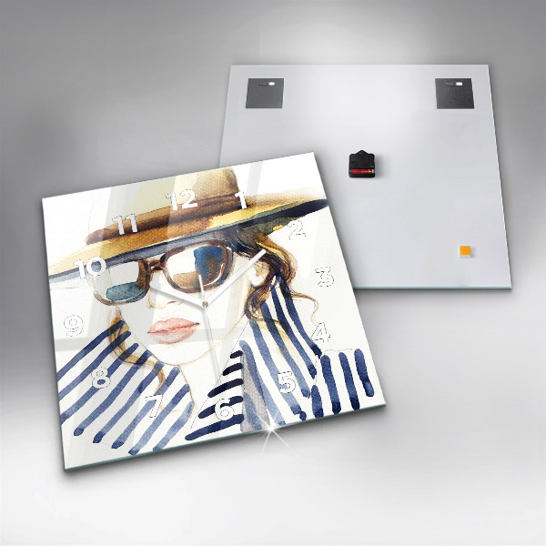 Kwadratowy zegar Twarz w okularach i kapeluszu