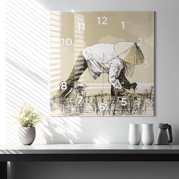 Kwadratowy zegar Kobieta zbierająca ryż