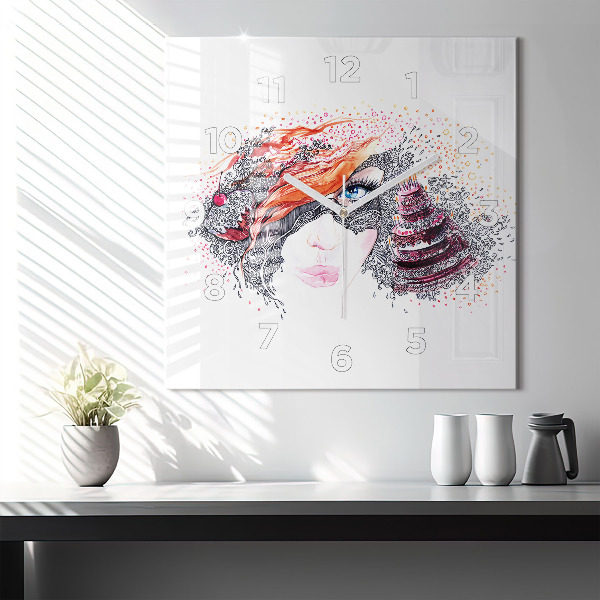 Kwadratowy zegar Słodka kobieta z ciastem