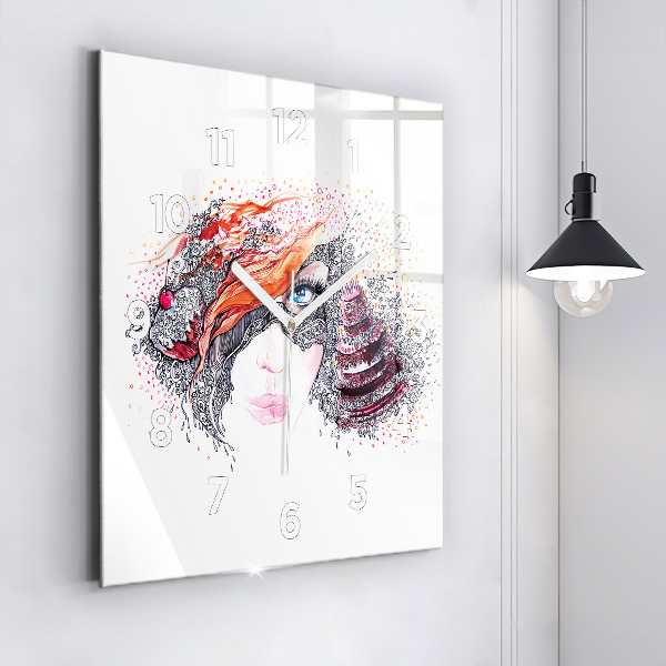 Kwadratowy zegar Słodka kobieta z ciastem