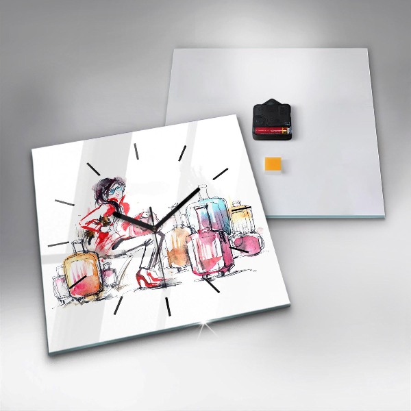 Kwadratowy zegar Kobieta z walizkami