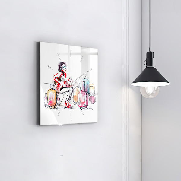 Kwadratowy zegar Kobieta z walizkami