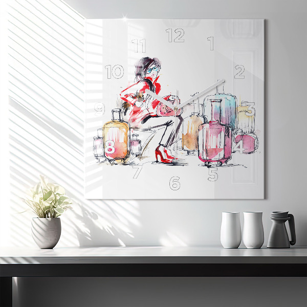 Kwadratowy zegar Kobieta z walizkami