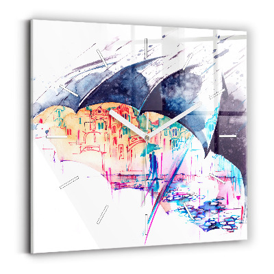 Kwadratowy zegar Deszcz parasol i miasto