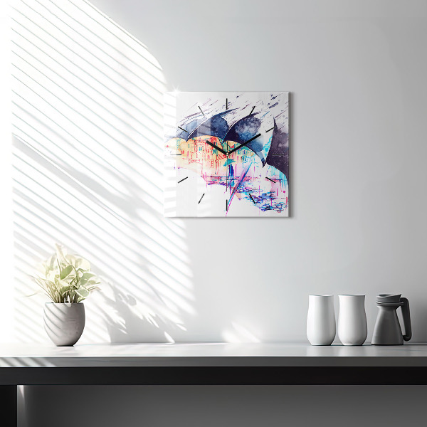 Kwadratowy zegar Deszcz parasol i miasto