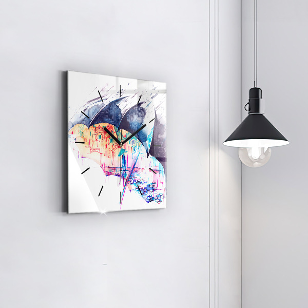 Kwadratowy zegar Deszcz parasol i miasto