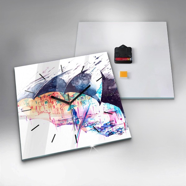 Kwadratowy zegar Deszcz parasol i miasto