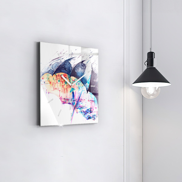 Kwadratowy zegar Deszcz parasol i miasto