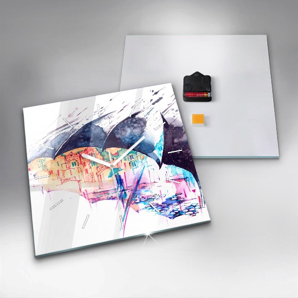 Kwadratowy zegar Deszcz parasol i miasto