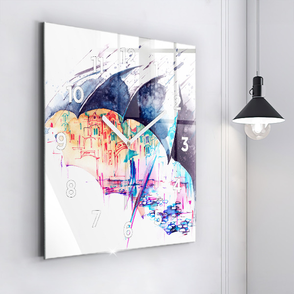Kwadratowy zegar Deszcz parasol i miasto