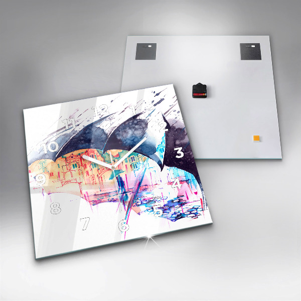 Kwadratowy zegar Deszcz parasol i miasto