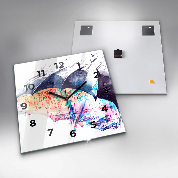 Kwadratowy zegar Deszcz parasol i miasto