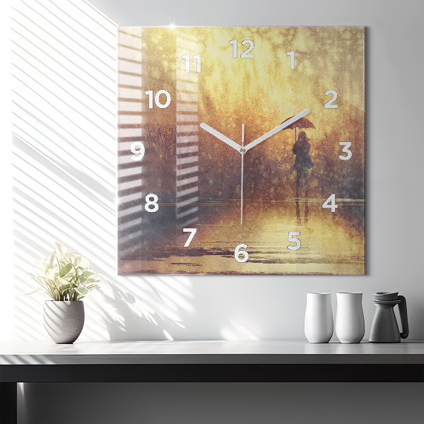 Kwadratowy zegar kobieta z parasolem