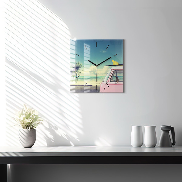 Zegar na ścianę kwadratowy Samochód z deską surfingową