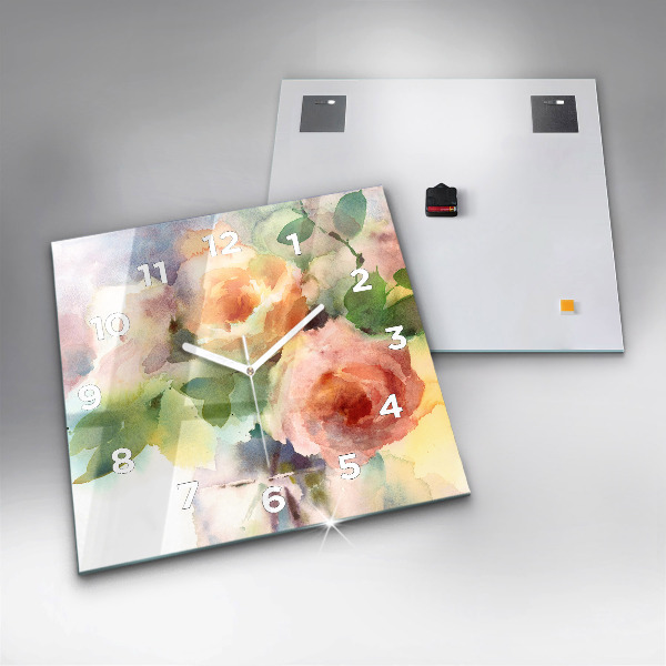 Zegar na ścianę kwadratowy Róże w wazonie akwarela