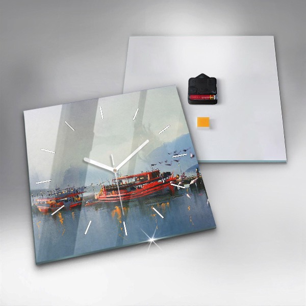 Zegar na ścianę kwadratowy Łódź rybacka w porcie