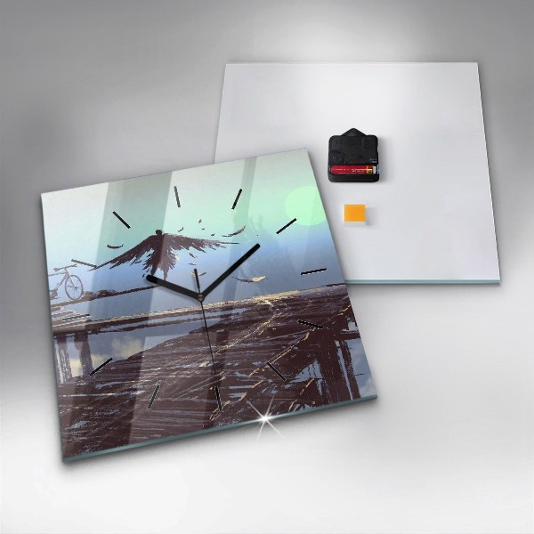 Zegar na ścianę kwadratowy Anioł, most i rower