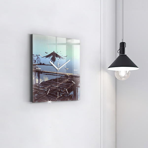 Zegar na ścianę kwadratowy Anioł, most i rower