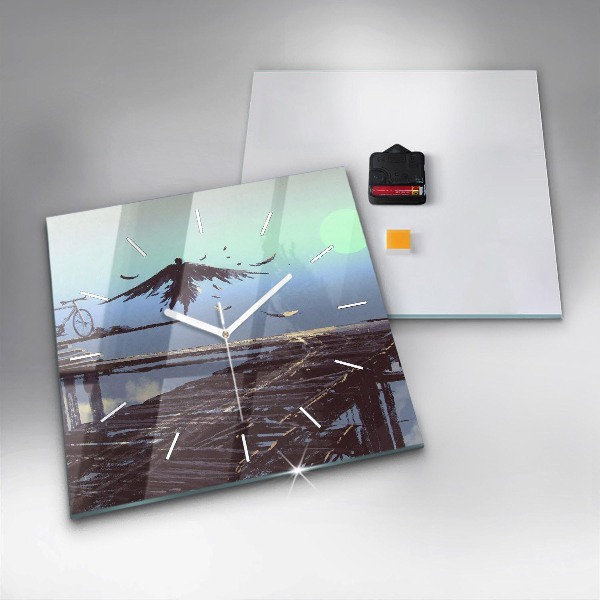 Zegar na ścianę kwadratowy Anioł, most i rower