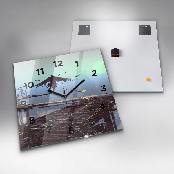 Zegar na ścianę kwadratowy Anioł, most i rower