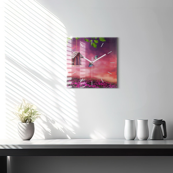 Zegar na ścianę kwadratowy Domek dla ptaków