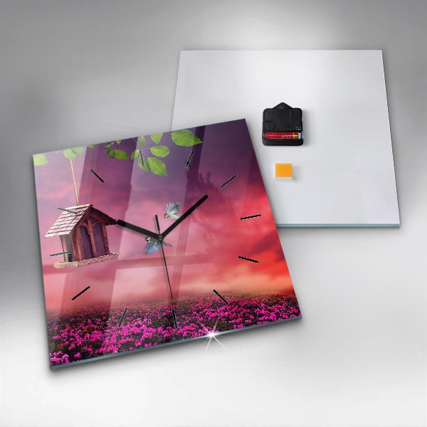 Zegar na ścianę kwadratowy Domek dla ptaków