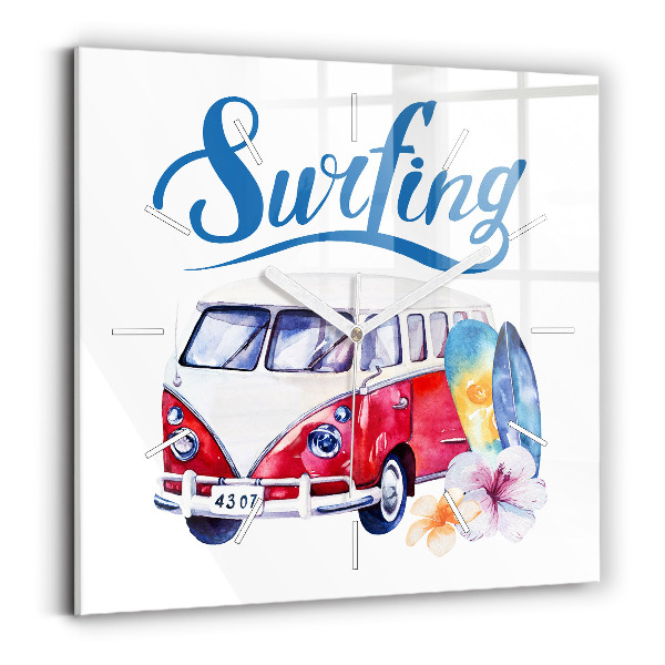 Zegar na ścianę kwadratowy Samochód i napis Surfing