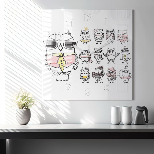 Zegar na ścianę kwadratowy Plakat vintage z sowami