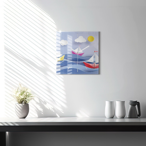 Zegar na ścianę kwadratowy Origami kolorowe żaglówki