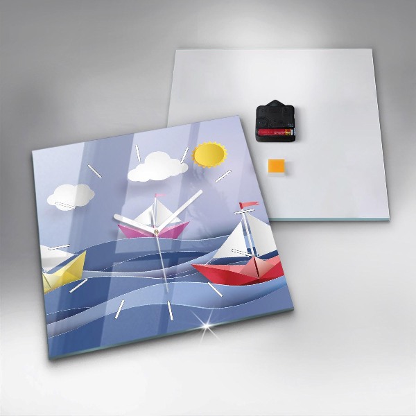 Zegar na ścianę kwadratowy Origami kolorowe żaglówki