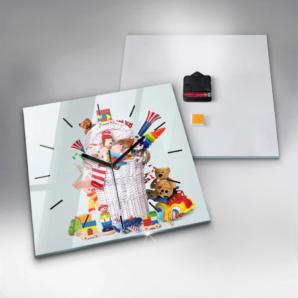Zegar na ścianę kwadratowy Wiklinowy kosz z zabawkami