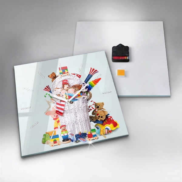 Zegar na ścianę kwadratowy Wiklinowy kosz z zabawkami