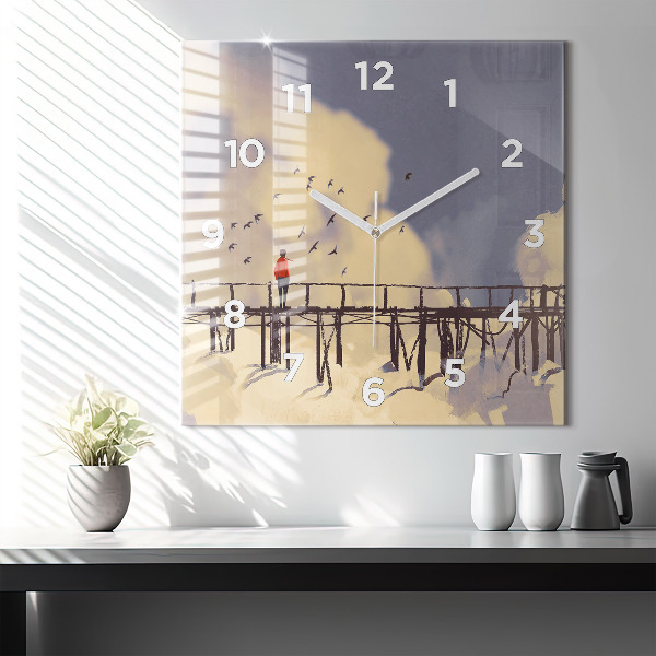 Zegar na ścianę kwadratowy Człowiek na starym moście