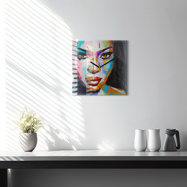 Zegar na ścianę kwadratowy Kolorowa twarz kobiety