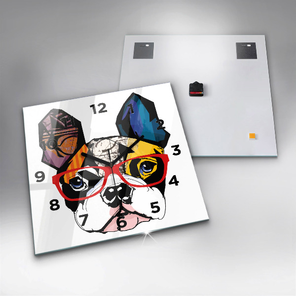 Zegar na ścianę kwadratowy Buldog francuski w okularach